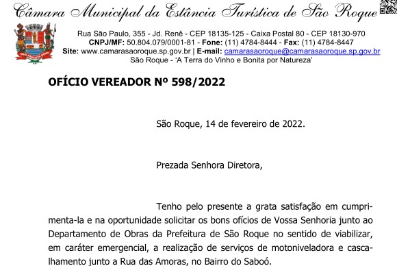 OFÍCIO VEREADOR Nº 598/2022