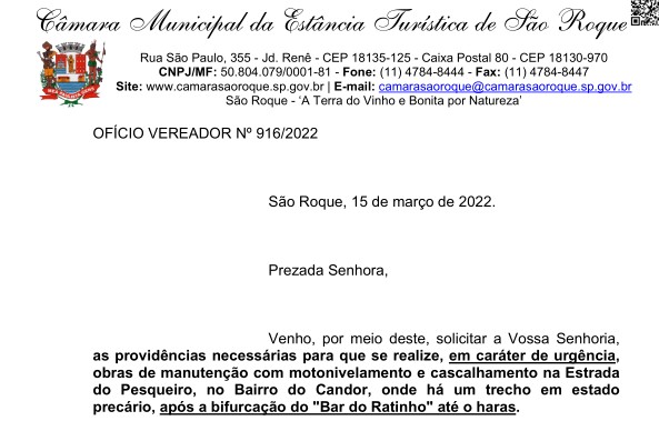 OFÍCIO VEREADOR Nº 916/2022