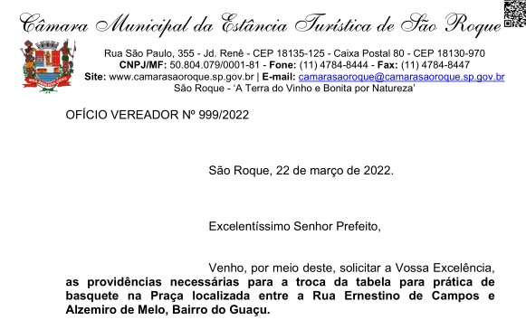 OFÍCIO VEREADOR Nº 999/2022