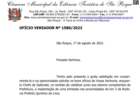 OFÍCIO VEREADOR Nº 1580/2022