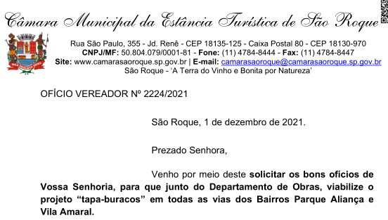 OFÍCIO VEREADOR Nº 2224/2021