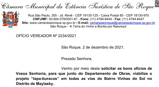 OFÍCIO VEREADOR Nº 2234/2021